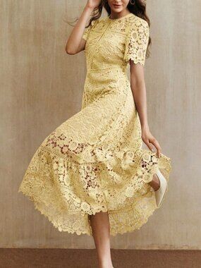 Yellow Elegant Women's Lace Patchwork Short Sleeve Floral Dress